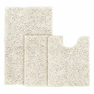 BYSURE Ivory/Cream Bathroom Rugs Sets 3 Piece Non Slip Extra Absorbent Shaggy Chenille Cream Bathroom Rugs and Mats Sets, Soft & Dry Bath Rug/Mat Sets for Bathroom Washable Carpets Set (Off White)