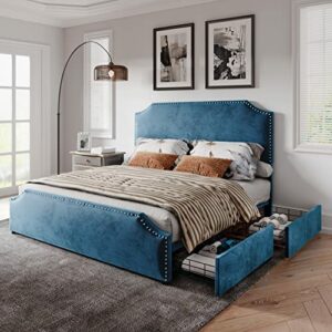 Amerlife Queen Size Bed Frame with 4 Storage Drawers and Headboard, Queen Velvet Upholstered Platform Bed with Rivet Curved Adjustable Headboard/Strong Wooden Slats/Easy Assembly/Blue