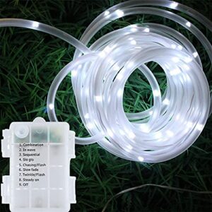 LED Rope Lights Battery Operated, 33Ft 100 LED Outdoor/Indoor Waterproof Fairy Lights 8 Modes Dimmable/Timer with Remote Control for Christmas Camping Party Garden Holiday Decoration (Cool White)