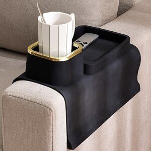 Couch Cup Holder Tray, Elimiko Silicone Anti-Spill and Anti-Slip Recliner Table Tray, Strong and Weighted Remote/ Snacks/ Cellphone Sofa Arm Cup Holder, Gift for Mom, Dad, Grandma or Grandpa (Black)