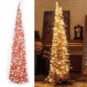 Pop-Up Artificial Christmas Tree with 100LED Lights ,Collapsible Pencil Christmas Trees for Holiday Carnival Party Christmas Decorations (Rose Gold)