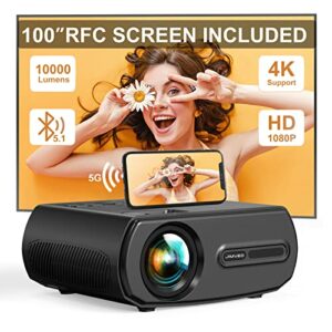 Jimveo Projector 5G WiFi Bluetooth,10000L 380 ANSI Native 1080P Outdoor Projector 4K &4D Keystone&50% Zoom Support,Sealed Mini Portable Movie LED/Home Projectors for Phone/TV Stick/PC[Screen Included]