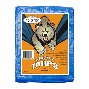 B-Air Grizzly Tarps 15 x 15 Feet Blue Multi Purpose Waterproof Poly Tarp Cover 5 Mil Thick 8 x 8 Weave