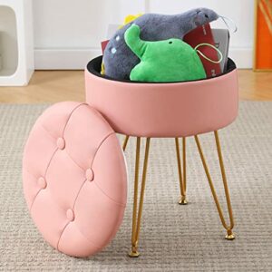 CPINTLTR Modern Faux Leather Foot Rest Stool Upholstered Round Storage Ottomans Multipurpose Dressing Stools Luxury Home Decor Ottoman Coffee Table Top Cover Footstool for Couch Entryway Pink