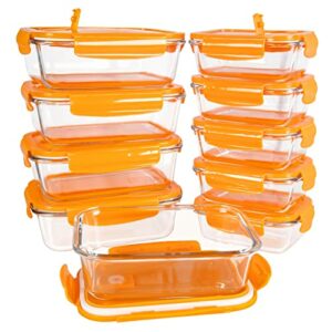 [10 Packs, 20 Pieces] Glass Food Storage Containers with Lids (Built in Vent), Airtight Meal Prep Containers, Glass Bento Boxes for Home Kitchen, BPA Free & Leak Proof (10 lids & 10 Containers) - Orange