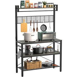 Kitchen Bakers Rack with Hutch, Industrial Microwave Stand 3-Tier Utility Storage Shelf Rack, Free Standing Coffee Station with 10 Hooks, Gray Brown