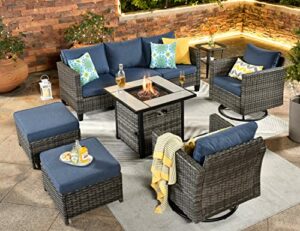 OVIOS Patio Furniture Set 7 PCS Outdoor Wicker Rocking Swivel Chairs Sectional Sofa Set with Fire Pit Table High Back Rattan Sofa for Yard Garden Porch (Denim Blue-Grey)