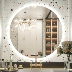 Keonjinn Round LED Mirror 32 Inch Round Bathroom Mirror with Front and Back Lights Large Anti-Fog LED Circle Mirror Wall Mounted LED Bathroom Mirror Dimmable Illuminated Makeup Mirror Frontlit Mirror