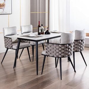 BFZ Mid-Century Modern Dining Chairs Set of 4, Handmade Woven Kitchen Chairs, Upholstered Velvet Dining Chairs with Metal Legs for Kitchen, Dining Room, Living Room