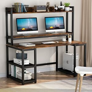 Tribesigns 55 Inches Computer Desk with Hutch and Monitor Stand Riser, Rustic Industrial Desk Computer Table Studying Writing Desk Workstation with Storage Shelves Bookshelf for Home Office (Brown)