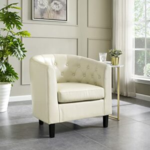 Emma Accent Chair, Button Tufted Faux Leather Barrel Chair, Midcentury Modern Accent Chair, Comfy Armchair, Tub Barrel Chairs for Bedrooms, Premium Arm Chairs for Living Room, Bedroom, Office - Cream