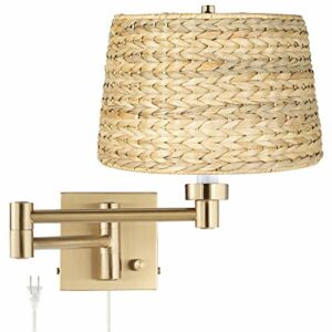 Alta Swing Arm Wall Mounted Lamp Warm Antique Brass Plug-in Light Fixture Dimmable Woven Seagrass Drum Shade for Bedroom Bedside House Reading Living Room Home Hallway Dining - Barnes and Ivy
