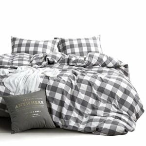Wake In Cloud - Washed Cotton Duvet Cover Set, Buffalo Check Gingham Plaid Geometric Checker Pattern Printed in Gray Grey and White, 100% Cotton Bedding, with Zipper Closure (3pcs, Queen Size)
