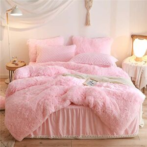 HAIHUA Luxury Plush Shaggy Duvet Cover Flannel Velvet Bedding (1 Faux Fur Duvet Cover +2 Faux Fur Pillowcases) Fluffy Comforter Bed Sets 3 Pieces ,Zipper Closure (Pink, Queen)