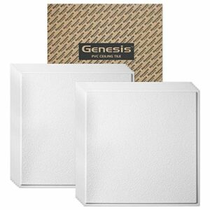 Genesis 2ft x 2ft White Stucco Pro Revealed Edge Ceiling Tiles - Easy Drop-in Installation – Waterproof, Washable and Fire-Rated - High-Grade PVC to Prevent Breakage - Package of 12 Tiles