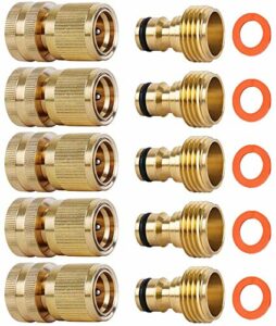 SHOWNEW Garden Hose Quick Connectors, Solid Brass 3/4 inch GHT Thread Easy Connect Fittings No-Leak Water Hose Male Female Value Pack (5)