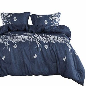 Wake In Cloud - Navy Blue Comforter Set, Gray Floral and Tree Leaves Pattern Printed, Soft Microfiber Bedding (3pcs, Queen Size)