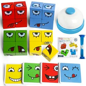 Wooden Puzzle Building Cubes, Expressions Building Blocks Face Changing Cube Puzzles Family Game Travel Toys for Kids Boys & Girls Aged 3 Years and Up (with Timer)