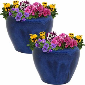 Sunnydaze Chalet Ceramic Flower Pot Planter with Drainage Holes - Set of 2 - High-Fired Glazed UV and Frost-Resistant Finish - Outdoor/Indoor Use - Imperial Blue - 12-Inch