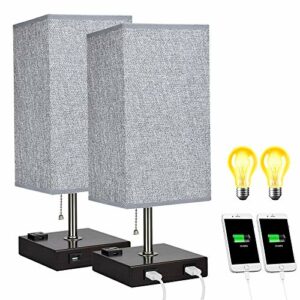 Depuley USB Table Lamp for Bedroom, Minimalist Nightstand Table Lamp with Dual USB Ports, Bedside Desk Lamps with Grey Fabric Shade Side Lamps for Living Room, Office, Kids Room, Study (Set of 2)