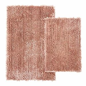 Civkor 2 Piece Bathroom Rugs Mats Set Butter Chenille, Cute Bath Mat Rug Shiny Noodle with Non Slip Backing, Super Water Absorbent Machine Washable 31x20 and 24x16 Inch Pink