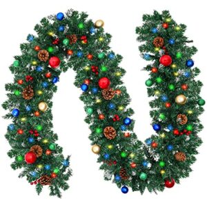 CEWOR 9 Ft Artificial Christmas Garland Green Rattan with Multi-Color LED Lights with Pine Cones and Red Berries for Home Stairs Fireplace Front