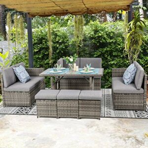Vongrasig 7 Piece Small Outdoor Sectional Dining Set, All Weather PE Wicker Patio Furniture Conversation Set, Outdoor Sofa Couch w/Glass Dining Table, Wicker Chair, Ottoman Sets and Pillow, Grey