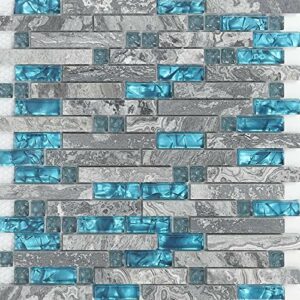 Hominter 11-Sheets Glass Stone Backsplash Tile, Polished Gray and Teal Blue Crystal Shower Wall Tiles, Random Interlocking Patterns Mosaic for Kitchen and Bathroom 9805