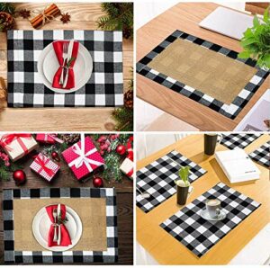 Funyear Cotton and Burlap Check Placemats for Christmas Table Décor,White and Black Plaid Table Mats, Waterproof Plaid Placemats for Christmas Decorations(6pcs) (Blacl and White)