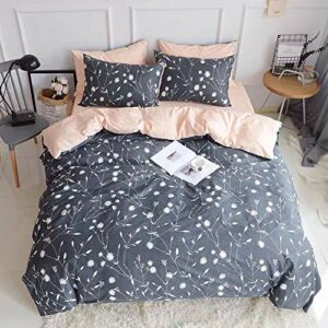 PinkMemory King Duvet Cover 100% Cotton Floral Bedding Set Gray Flowers Branches Printing,Reversible Peach and Gray Duvet Cover Set-Ultra Comfy,Breathable,Zipper