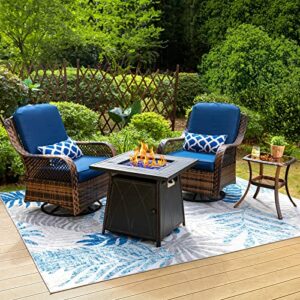 PHI VILLA 4 Piece Outdoor Swivel Rocker Chairs Set with Propane Fire Pit Table Rattan Patio Furniture Conversation Set with 2 Rocking & Swivel Chairs, 1 Coffee Table & 1 Fire Pit Table Support 350lbs
