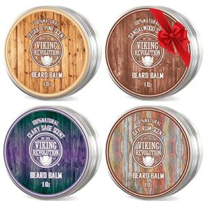 Viking Revolution 4 Beard Balm Variety Pack (1oz Each)- Sandalwood, Pine & Cedar, Bay Rum, Clary Sage- Styles, Strengthens & Softens Beards & Mustaches - Leave in Conditioner Wax for Men