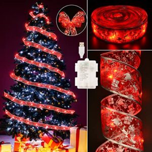 HOUNE Christmas Decorations - 2.5Inch x 66Ft 200 Led Christmas Tree Ribbon Lights with 8 Lighting Modes, Battery Operated & USB Powered Fairy String Lights with Timer for Xmas Tree Decor(Red)