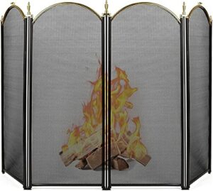 Amagabeli Decorative Gold Fireplace Screen 4 Panel Folding 51.5 x 32 Inch Ornate Wrought Iron Black Metal Fire Place Free Standing Gate Large Mesh Solid Steel Spark Guard Cover Outdoor Accessories